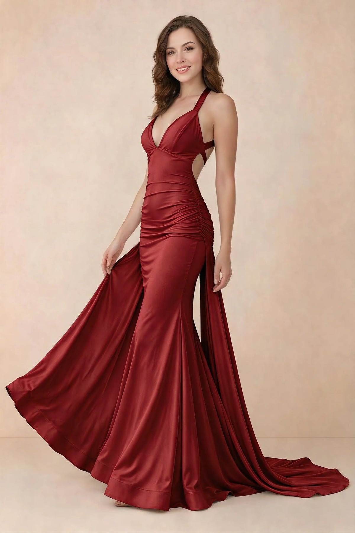 Elodie Red Satin Ruched V-Neck Mermaid Maxi Dress