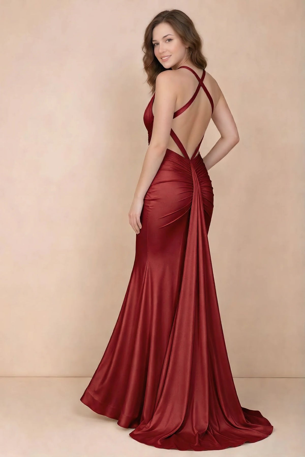 Elodie Red Satin Ruched V-Neck Mermaid Maxi Dress