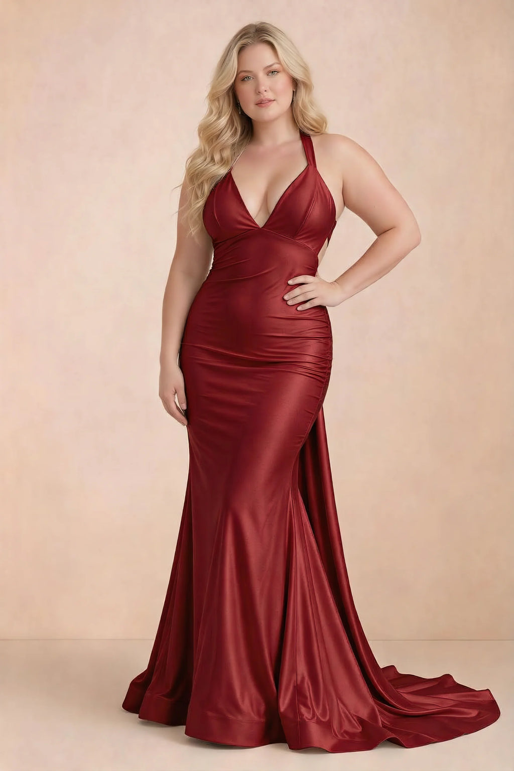 Elodie Red Satin Ruched V-Neck Mermaid Maxi Dress