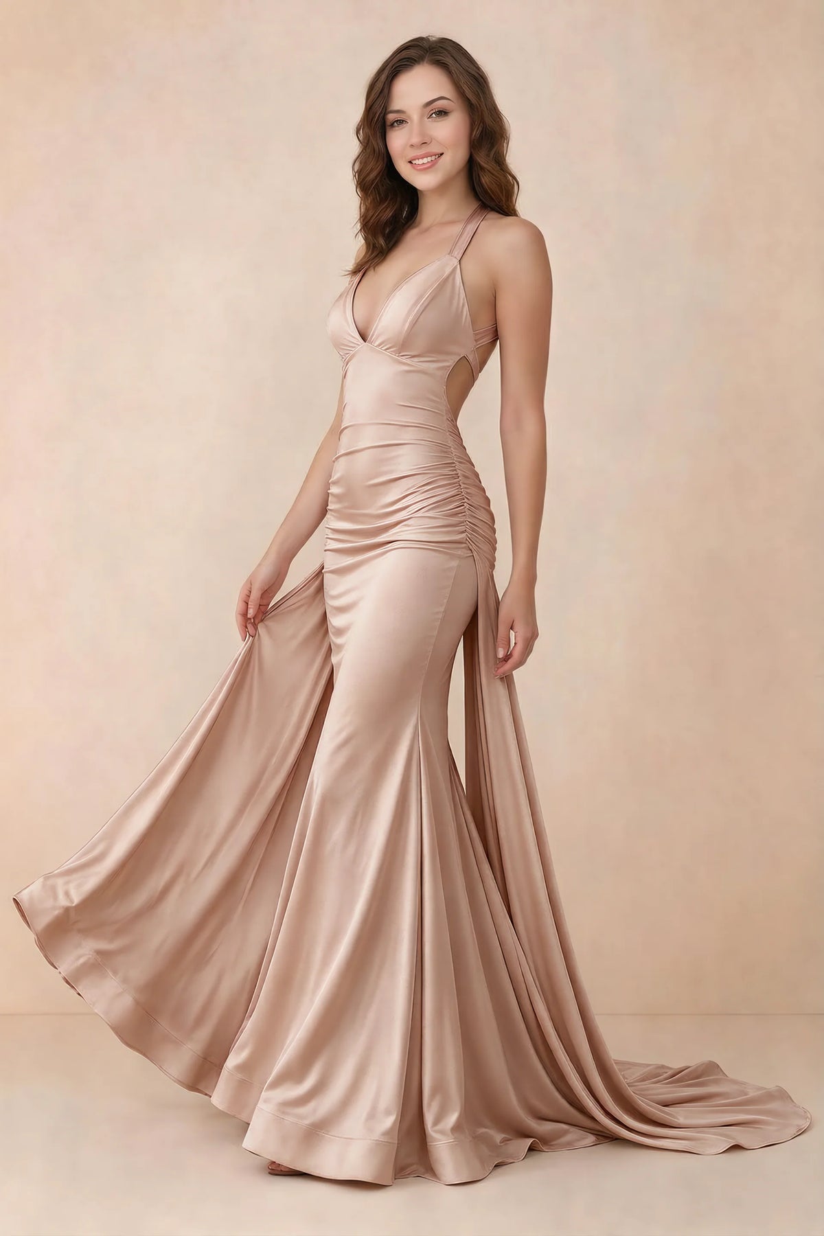 Elodie Rose Gold Satin Ruched V-Neck Mermaid Maxi Dress