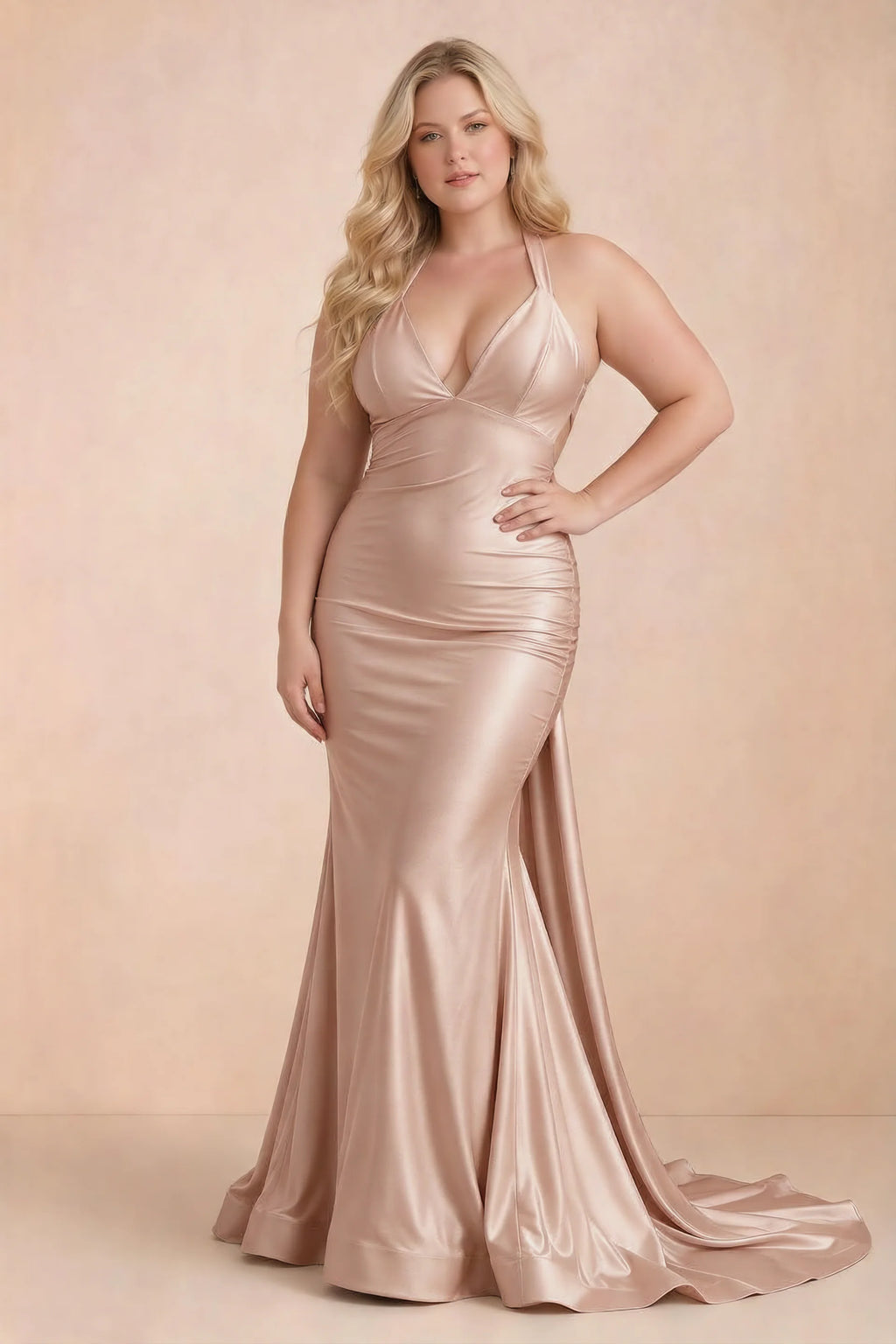 Elodie Rose Gold Satin Ruched V-Neck Mermaid Maxi Dress