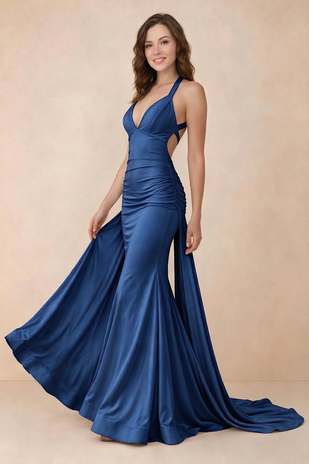 Elodie Royal Blue Satin Ruched V-Neck Mermaid Maxi Dress