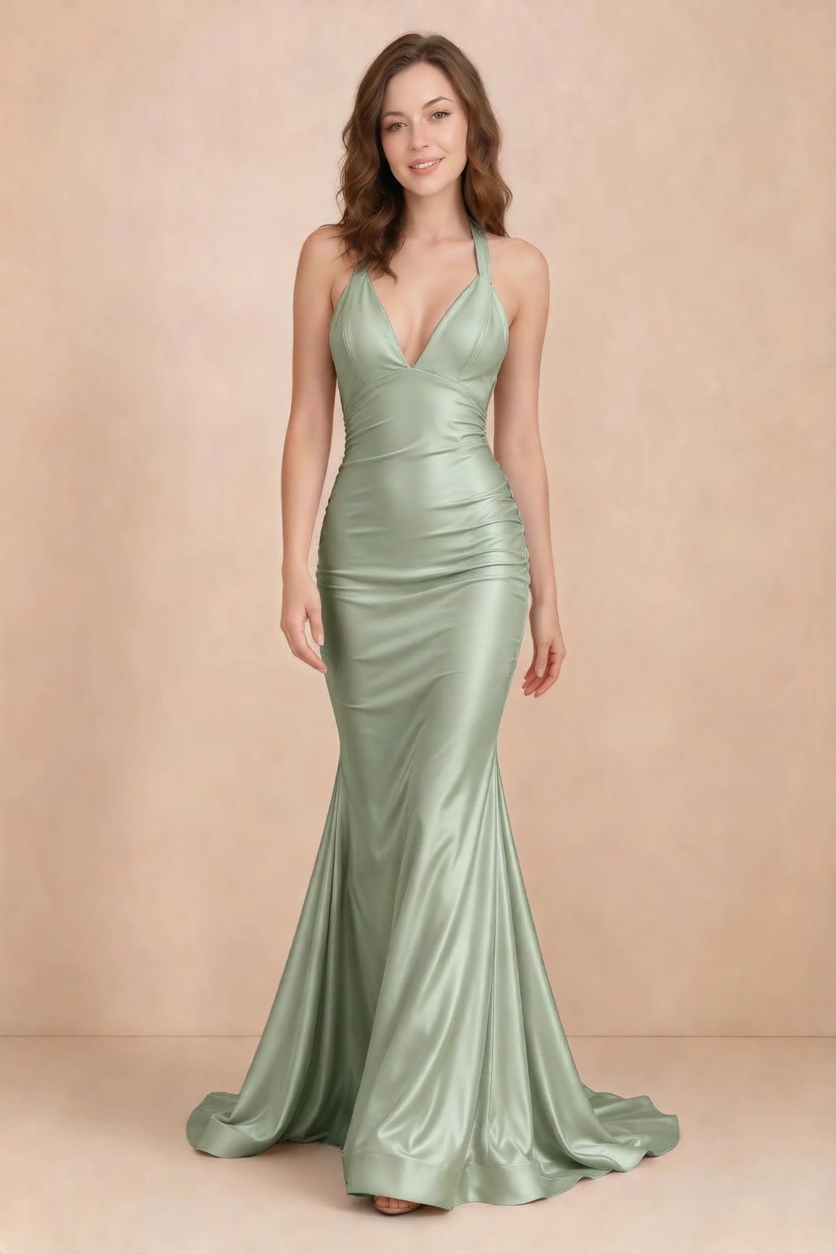 Elodie Sage Green Satin Ruched V-Neck Mermaid Maxi Dress