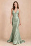 Elodie Sage Green Satin Ruched V-Neck Mermaid Maxi Dress