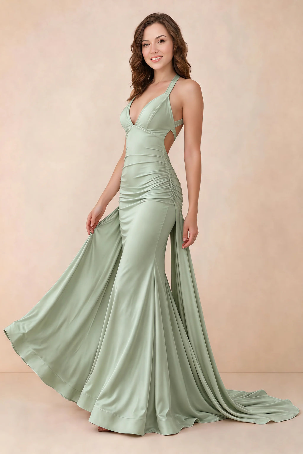 Elodie Sage Green Satin Ruched V-Neck Mermaid Maxi Dress