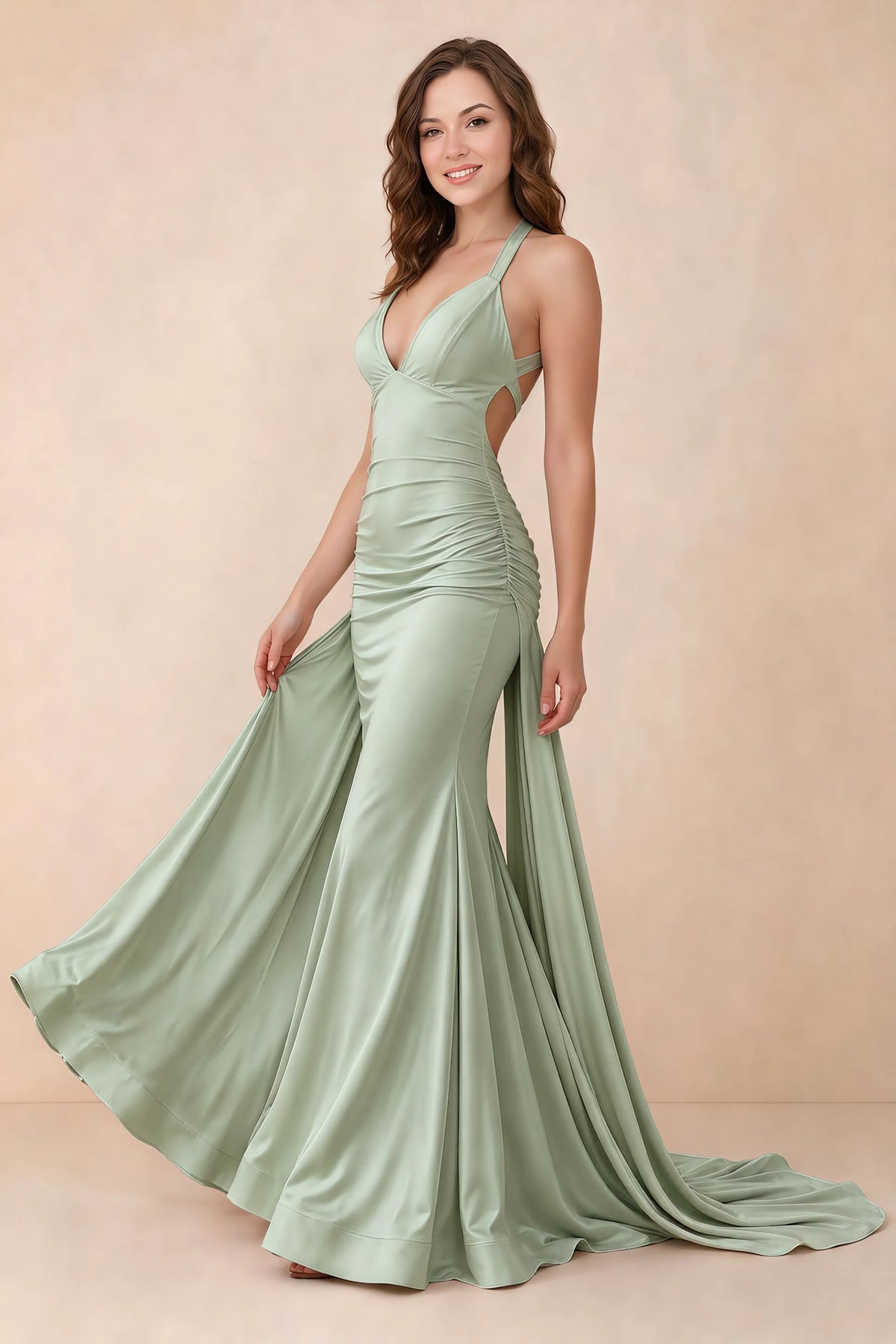 Elodie Sage Green Satin Ruched V-Neck Mermaid Maxi Dress