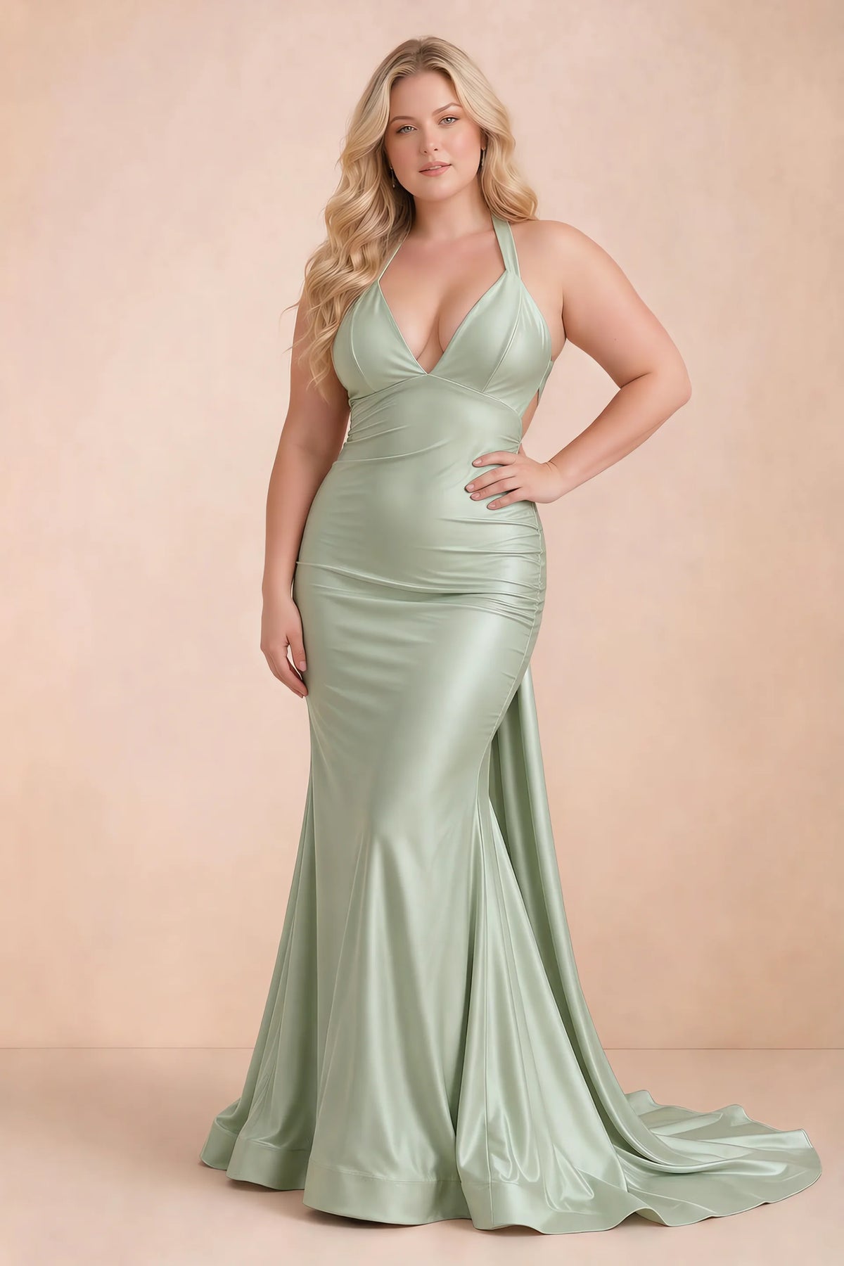 Elodie Sage Green Satin Ruched V-Neck Mermaid Maxi Dress