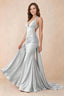 Elodie Silver Satin Ruched V-Neck Mermaid Maxi Dress