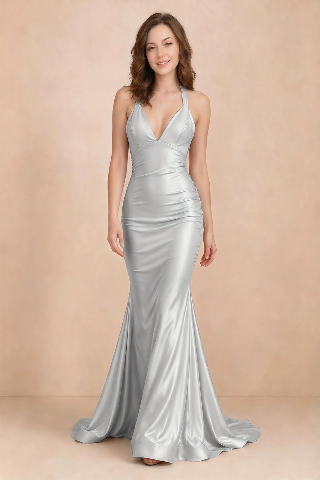 Elodie Silver Satin Ruched V-Neck Mermaid Maxi Dress