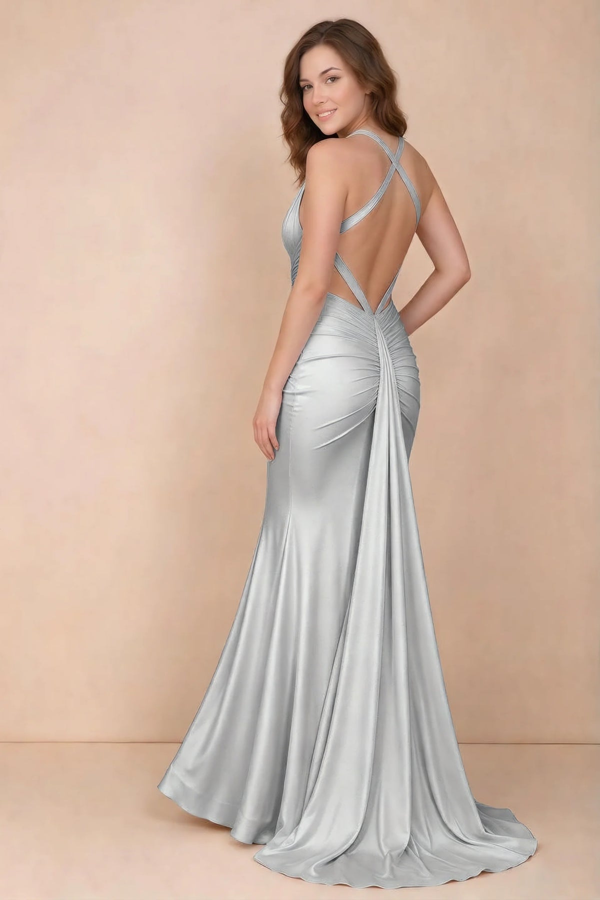 Elodie Silver Satin Ruched V-Neck Mermaid Maxi Dress