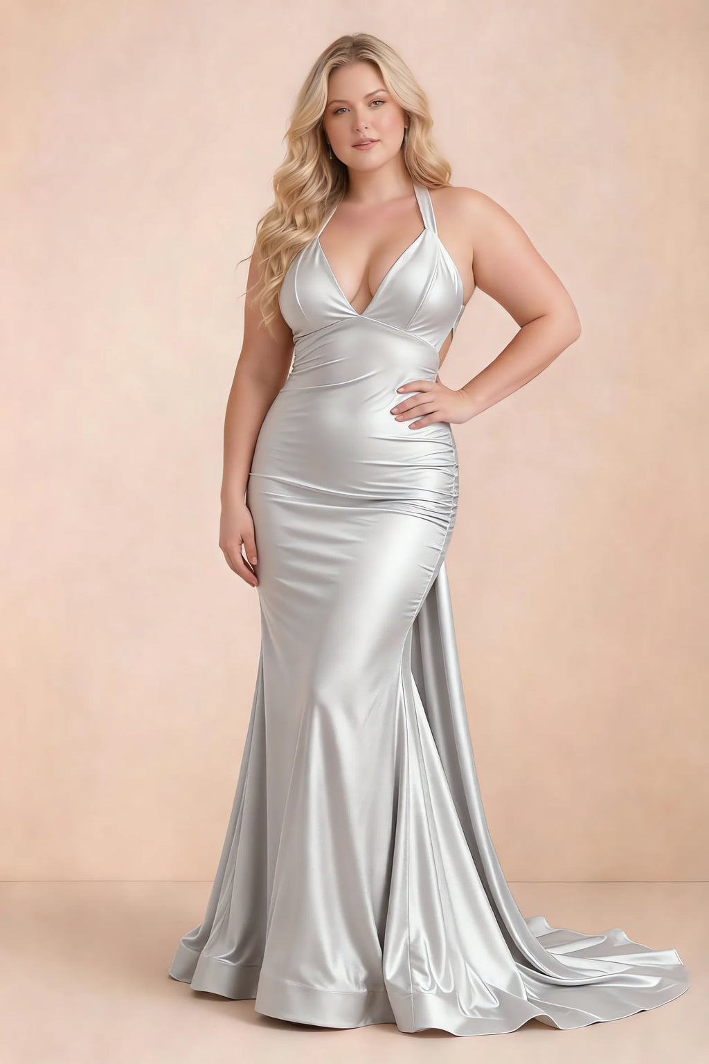 Elodie Silver Satin Ruched V-Neck Mermaid Maxi Dress
