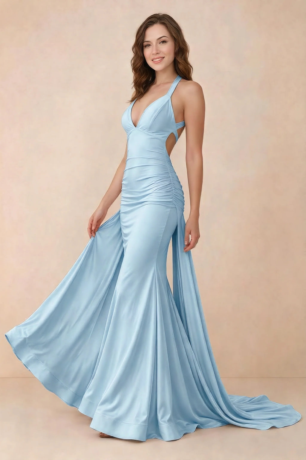 Elodie Sky Blue Satin Ruched V-Neck Mermaid Maxi Dress