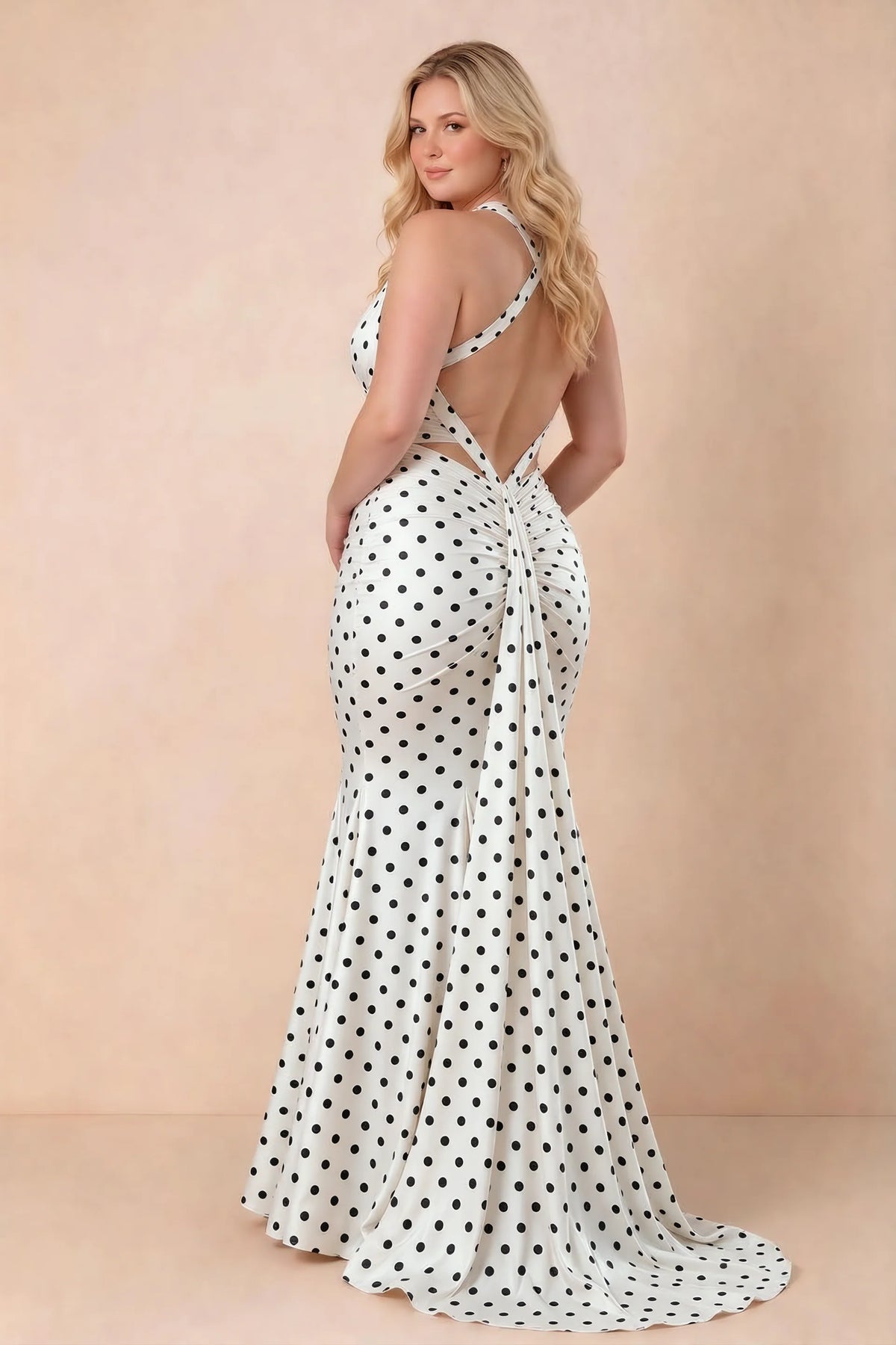 Vestido largo Elodie blanco con lunares, escote en V fruncido y corte sirena