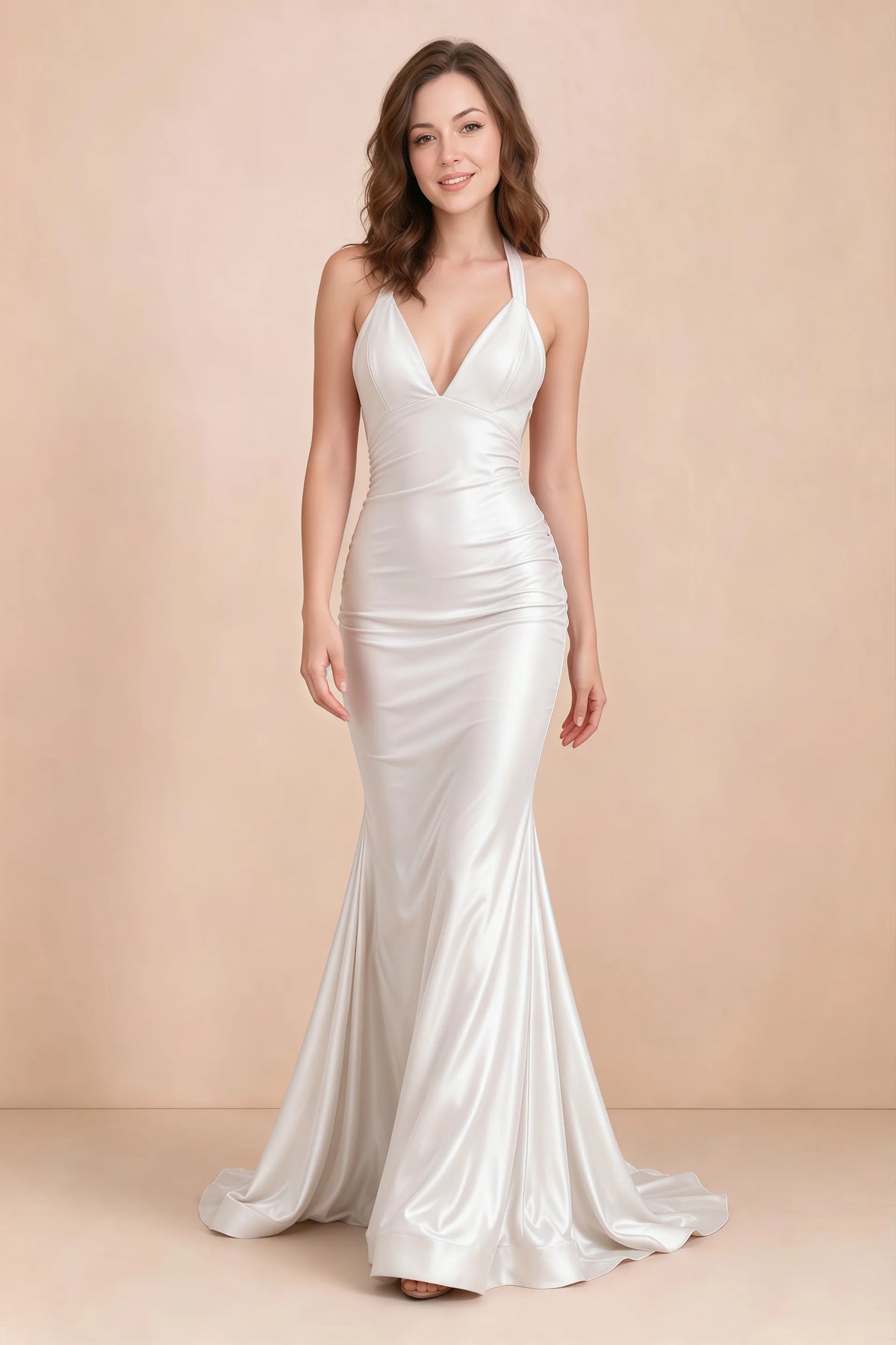Elodie White Satin Ruched V-Neck Mermaid Maxi Dress