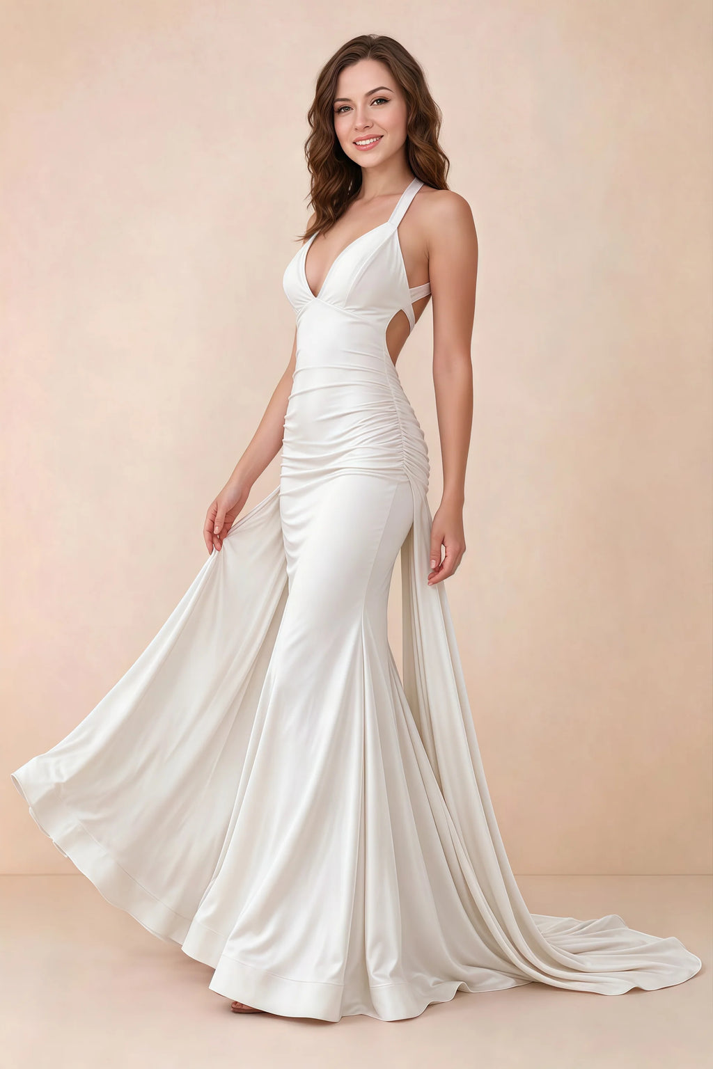 Elodie White Satin Ruched V-Neck Mermaid Maxi Dress
