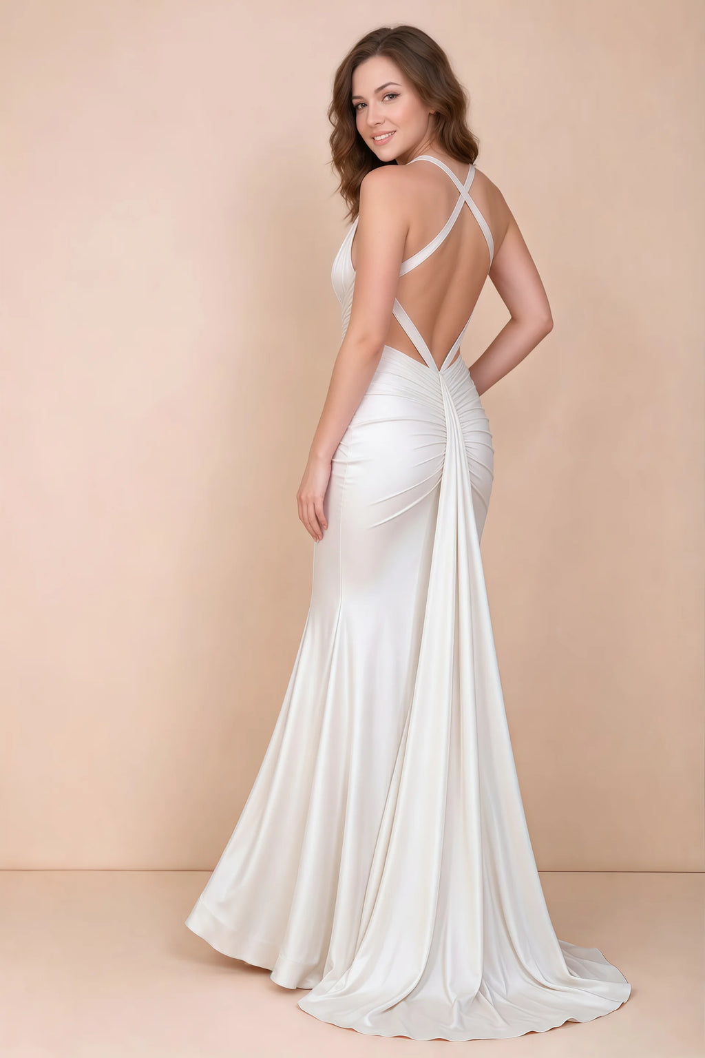 Elodie White Satin Ruched V-Neck Mermaid Maxi Dress