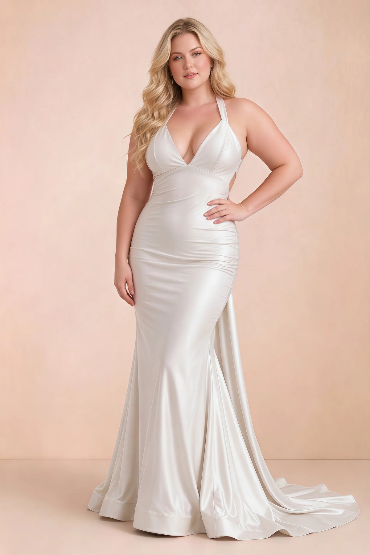 Elodie White Satin Ruched V-Neck Mermaid Maxi Dress