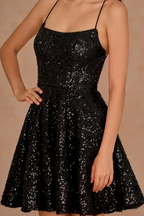 Elsa Black Sequin A Line Backless Mini Dress