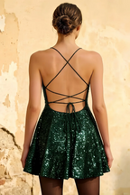 Elsa Dark Green Sequin A Line Backless Mini Dress