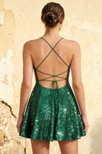 Elsa Green Sequin A Line Backless Mini Dress