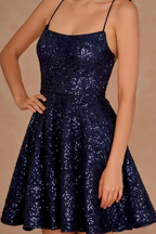 Elsa Navy Sequin A Line Backless Mini Dress