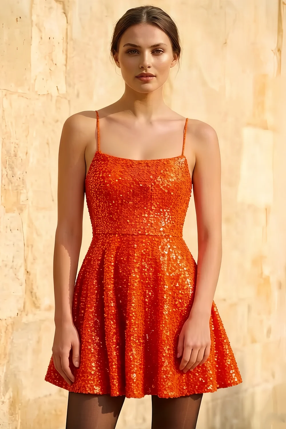 Elsa Orange Sequin A Line Backless Mini Dress