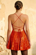 Elsa Orange Sequin A Line Backless Mini Dress