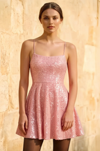 Elsa Pink Sequin A Line Backless Mini Dress
