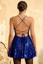 Elsa Royal Blue Sequin A Line Backless Mini Dress