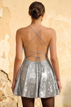 Elsa Silver Sequin A Line Backless Mini Dress