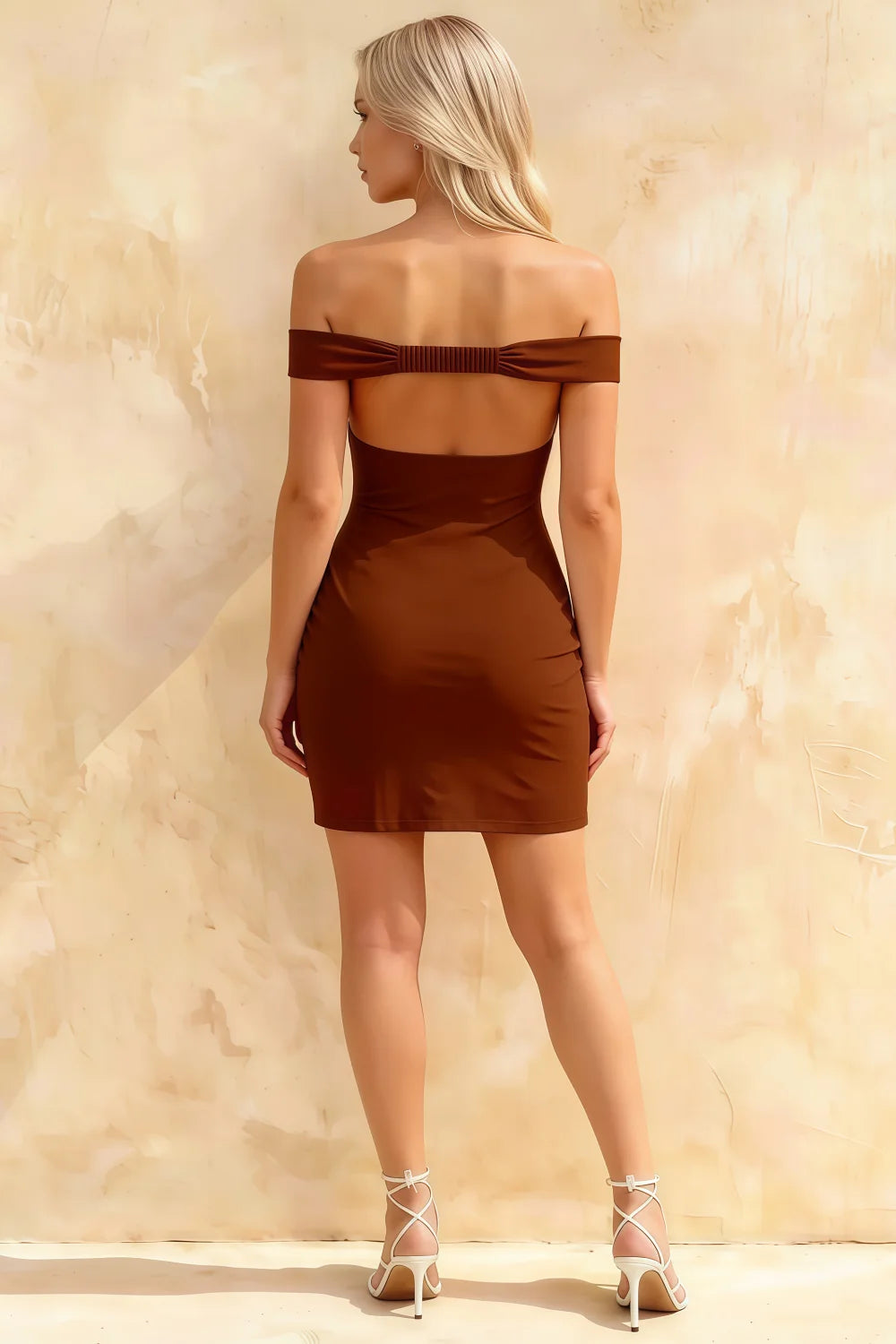 Emily Chocolate Brown Off The Shoulder Backless Mini Dress Secondary image