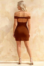 Emily Chocolate Brown Off The Shoulder Backless Mini Dress