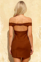 Emily Chocolate Brown Off The Shoulder Backless Mini Dress
