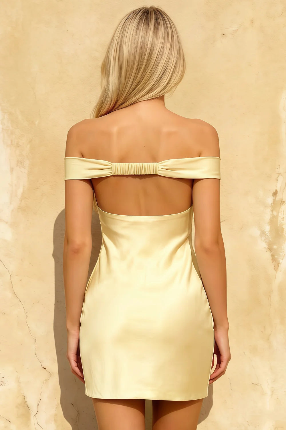 Emily Light Yellow Off The Shoulder Mini Dress | Bodycon Satin Skirt