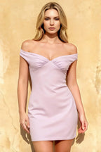 Emily Lilac Satin Mini Off The Shoulder Dress | Bodycon Dress for Party & Formal