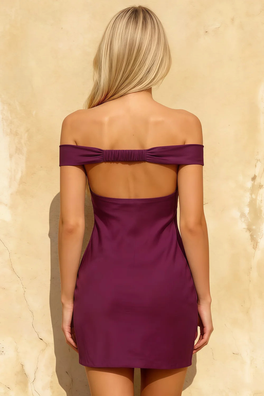 Emily Mini Off The Shoulder Dress In Grape | Sexy Satin Formal & Party Dress