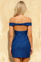 Emily Royal Blue Off The Shoulder Mini Dress for Cocktail
