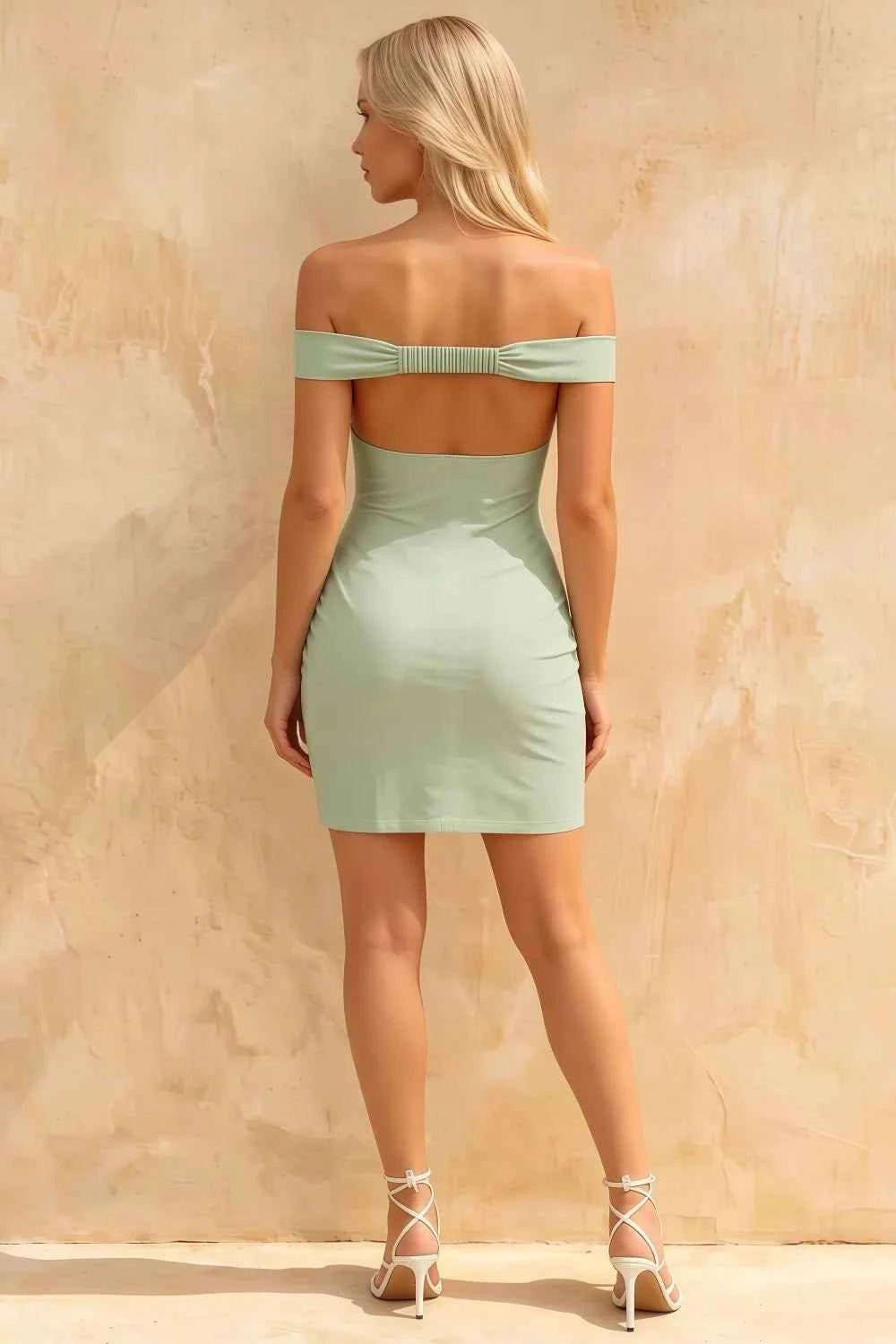 Emily Sage Green Off The Shoulder Mini Dress | Elegant Bodycon Cocktail Dress Secondary image