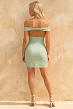 Emily Sage Green Off The Shoulder Mini Dress | Elegant Bodycon Cocktail Dress