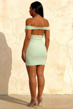 Emily Sage Green Off The Shoulder Mini Dress | Elegant Bodycon Cocktail Dress