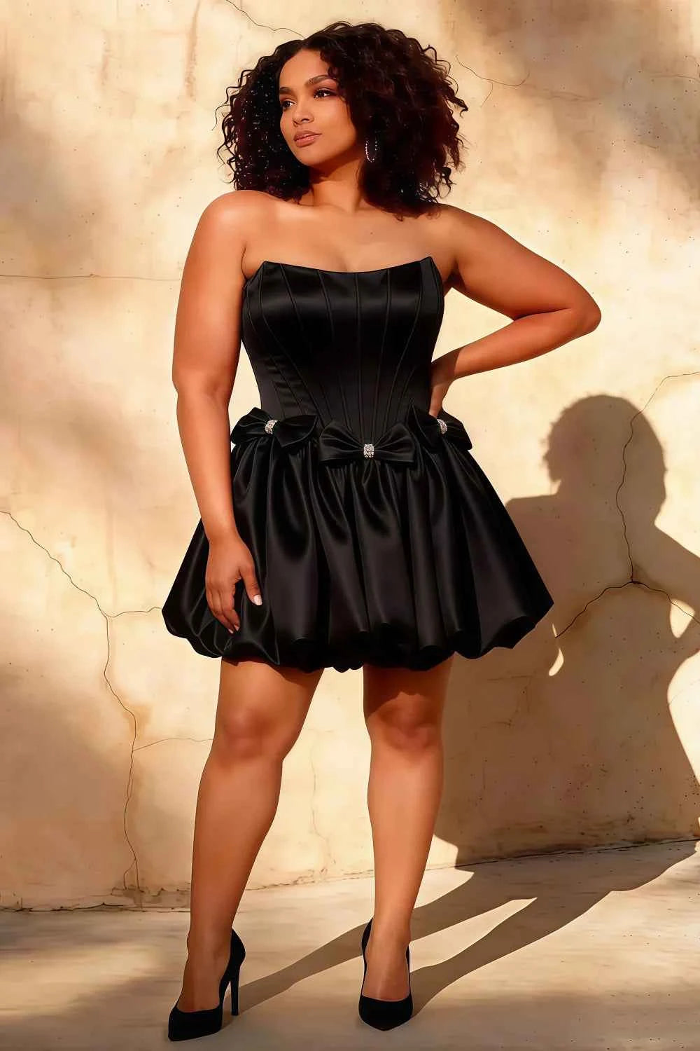 Emma Black Satin Mini Dress | Corset Bow Dress