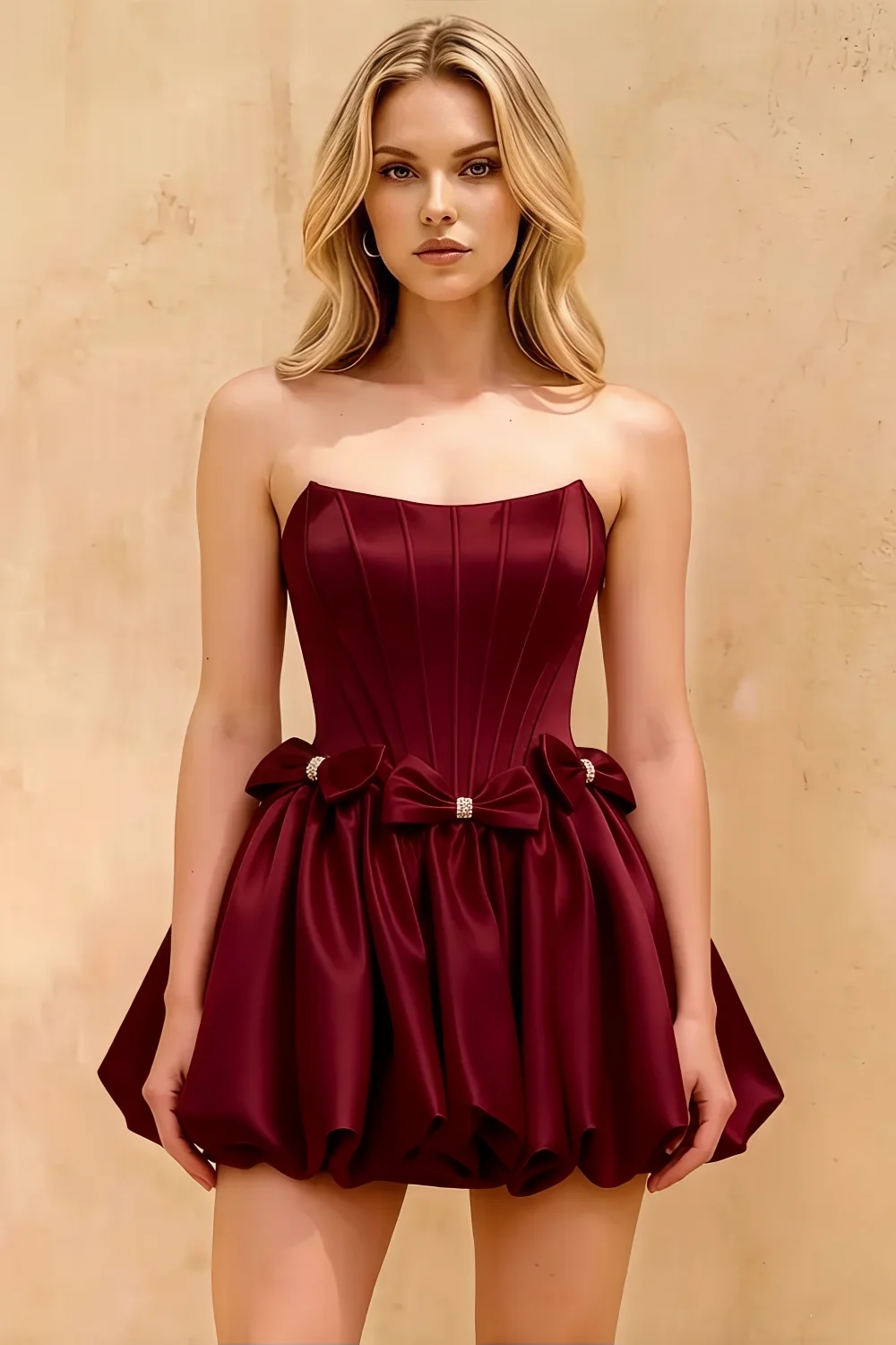 Emma Burgundy Satin Mini Dress with Bows | Corset Dress
