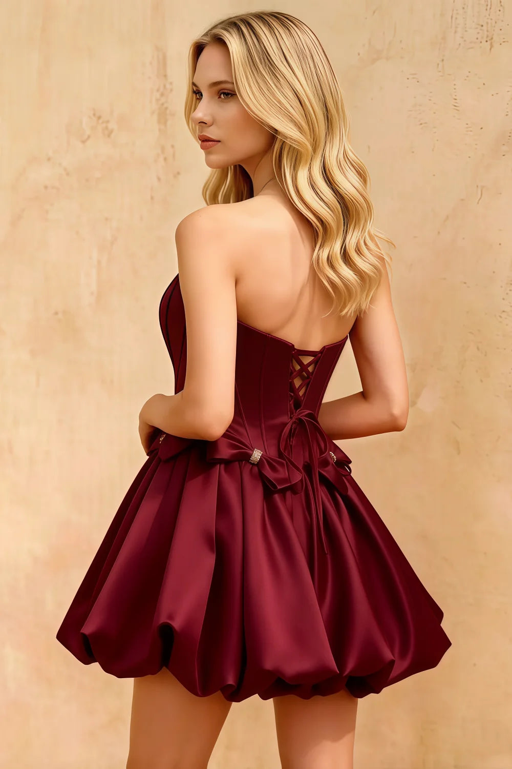 Emma Burgundy Satin Mini Dress with Bows | Corset Dress