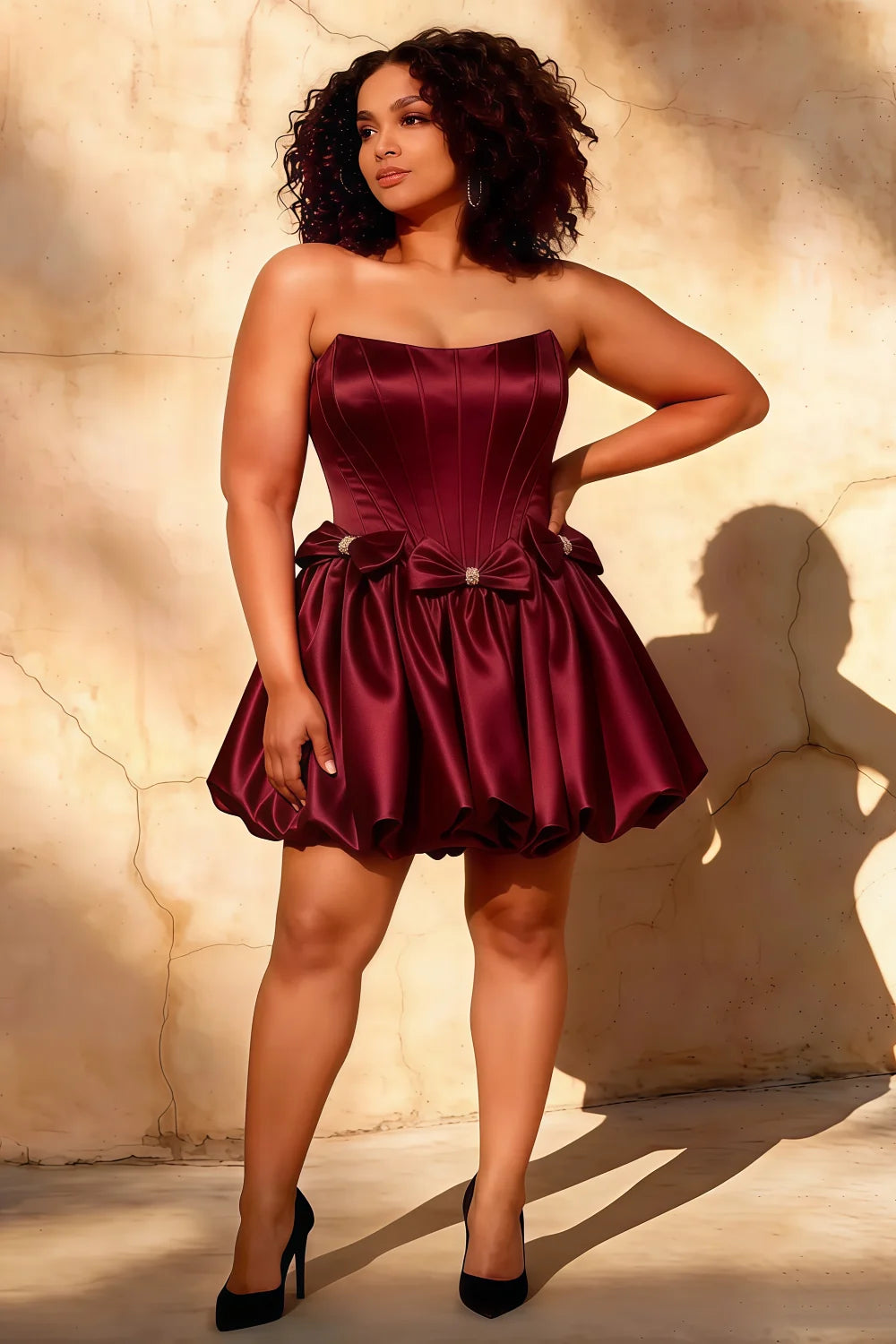 Emma Burgundy Satin Mini Dress with Bows | Corset Dress