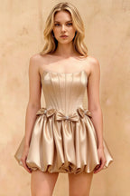 Emma Champagne Satin Mini Dress | Elegant Corset Homecoming & Party Dress