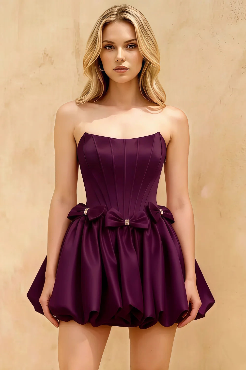 Emma Dark Purple Satin Mini Dress | Chic Strapless Corset Gown