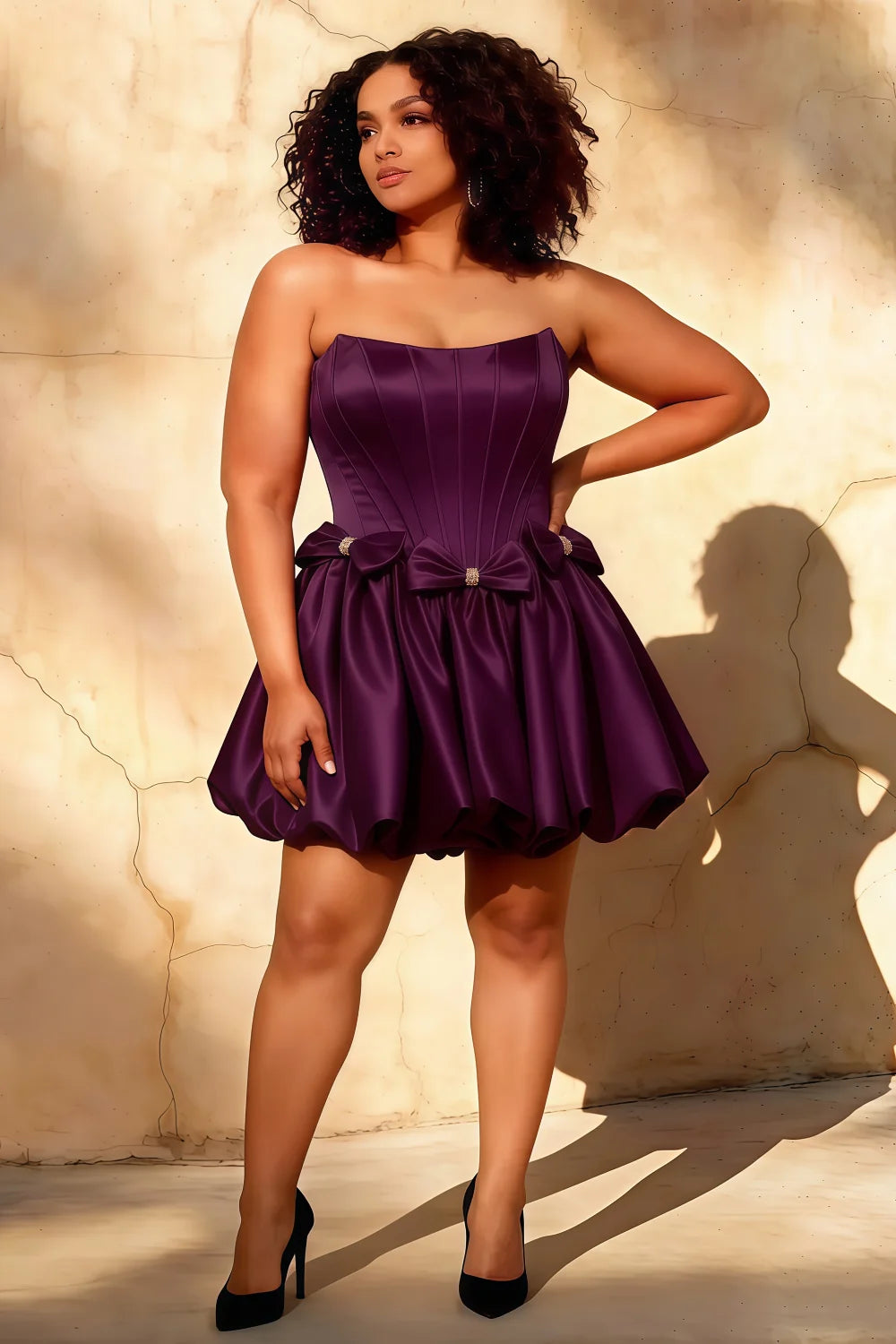 Emma Dark Purple Satin Mini Dress | Chic Strapless Corset Gown