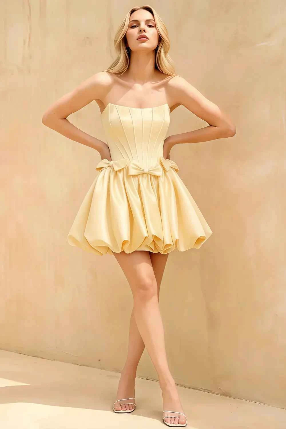 Emma Light Yellow Satin Mini Dress | A-Line Strapless Corset Hoco Dress