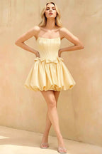 Emma Light Yellow Satin Mini Dress | A-Line Strapless Corset Hoco Dress