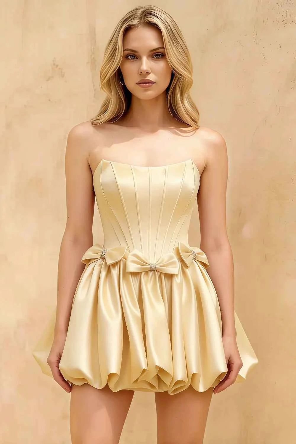 Emma Light Yellow Satin Mini Dress | A-Line Strapless Corset Hoco Dress